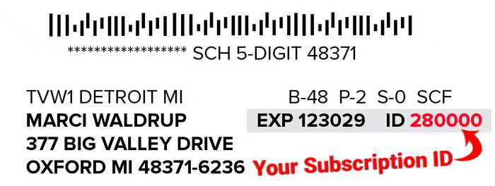 Address label showing Subscription ID